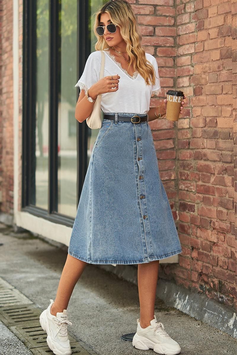 FRONT BUTTON CLOSURE DENIM SKIRT - Doublju