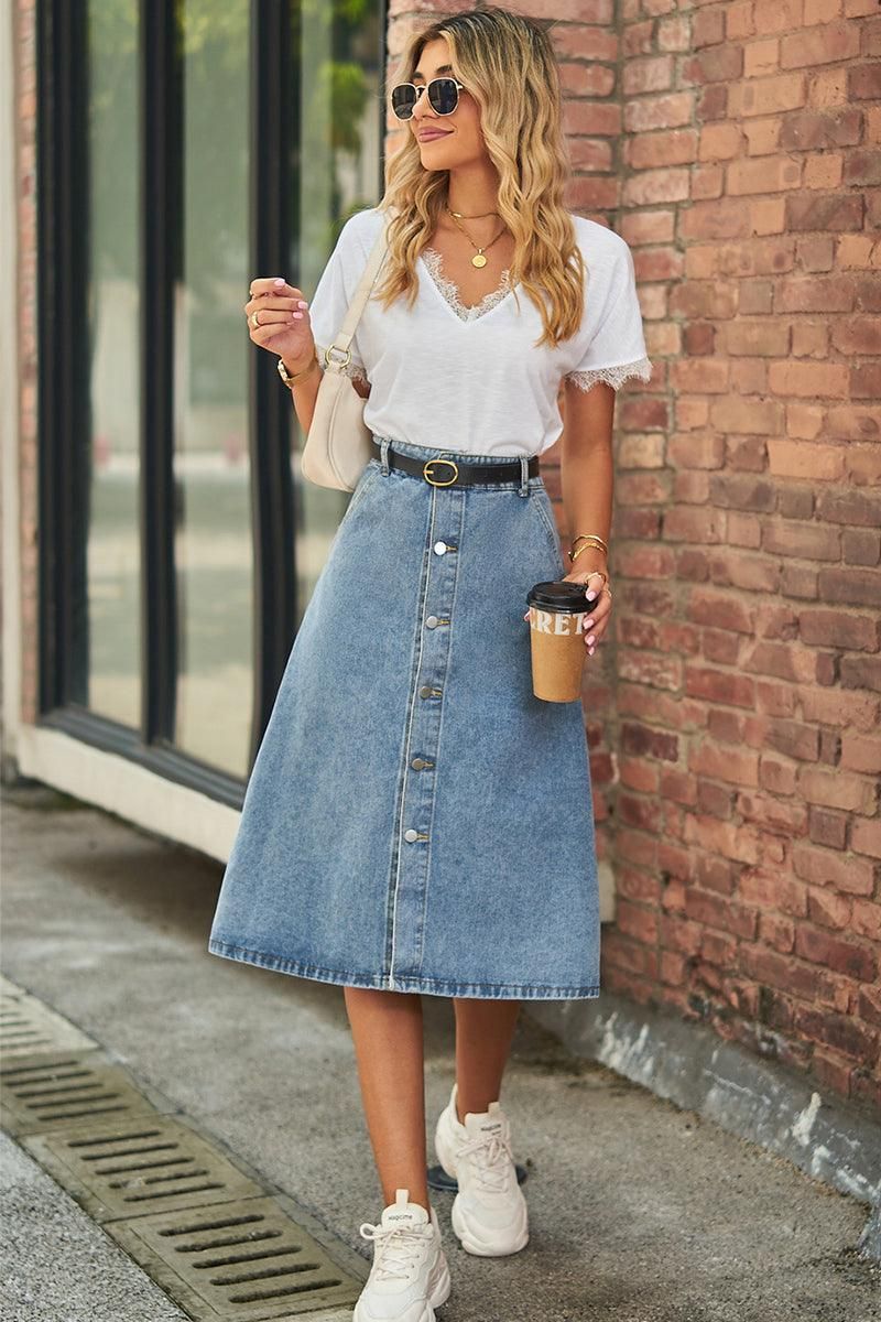 FRONT BUTTON CLOSURE DENIM SKIRT - Doublju