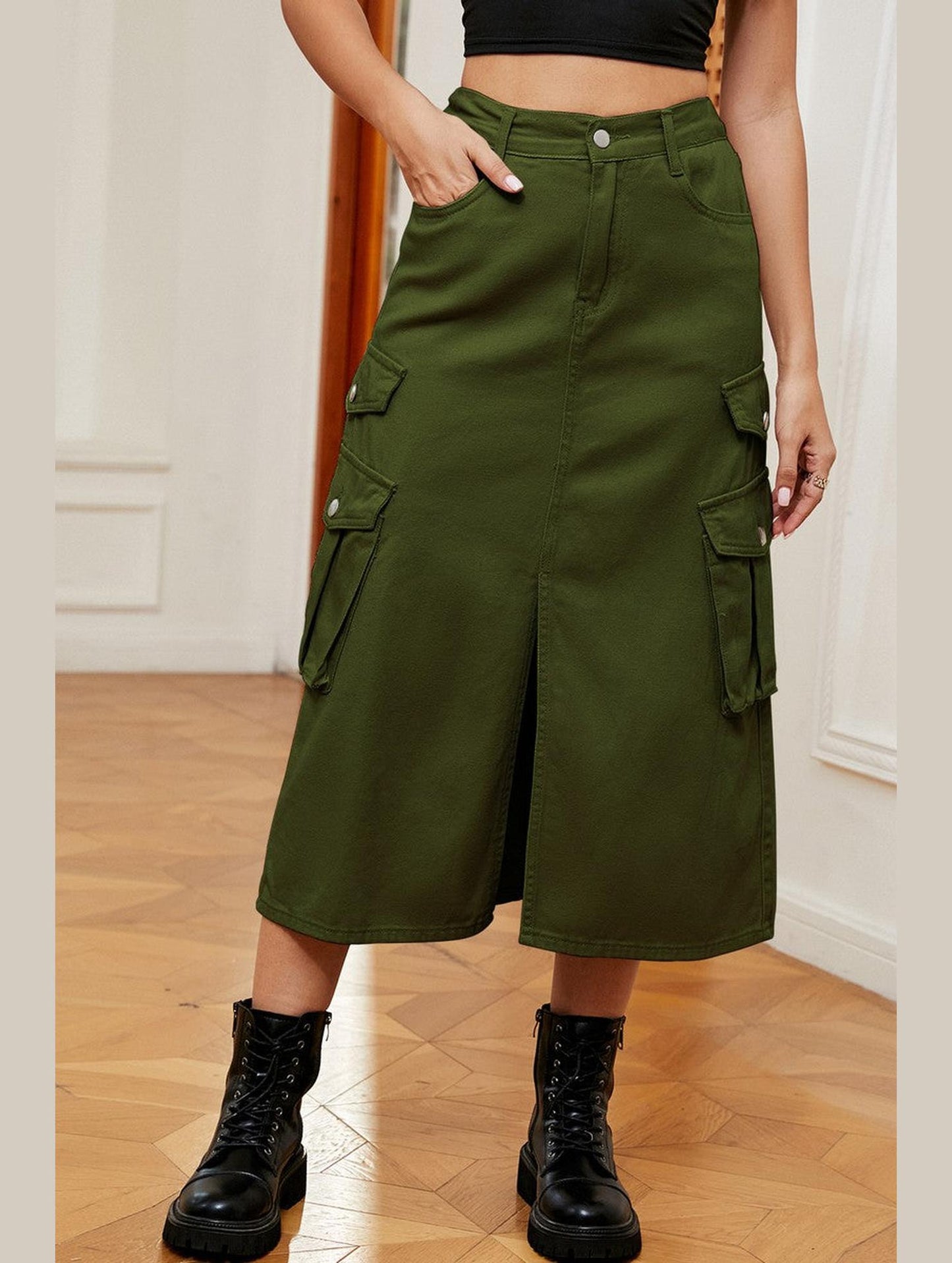 WOMEN FRONT SPLIT LONG LENGTH DENIM SKIRT