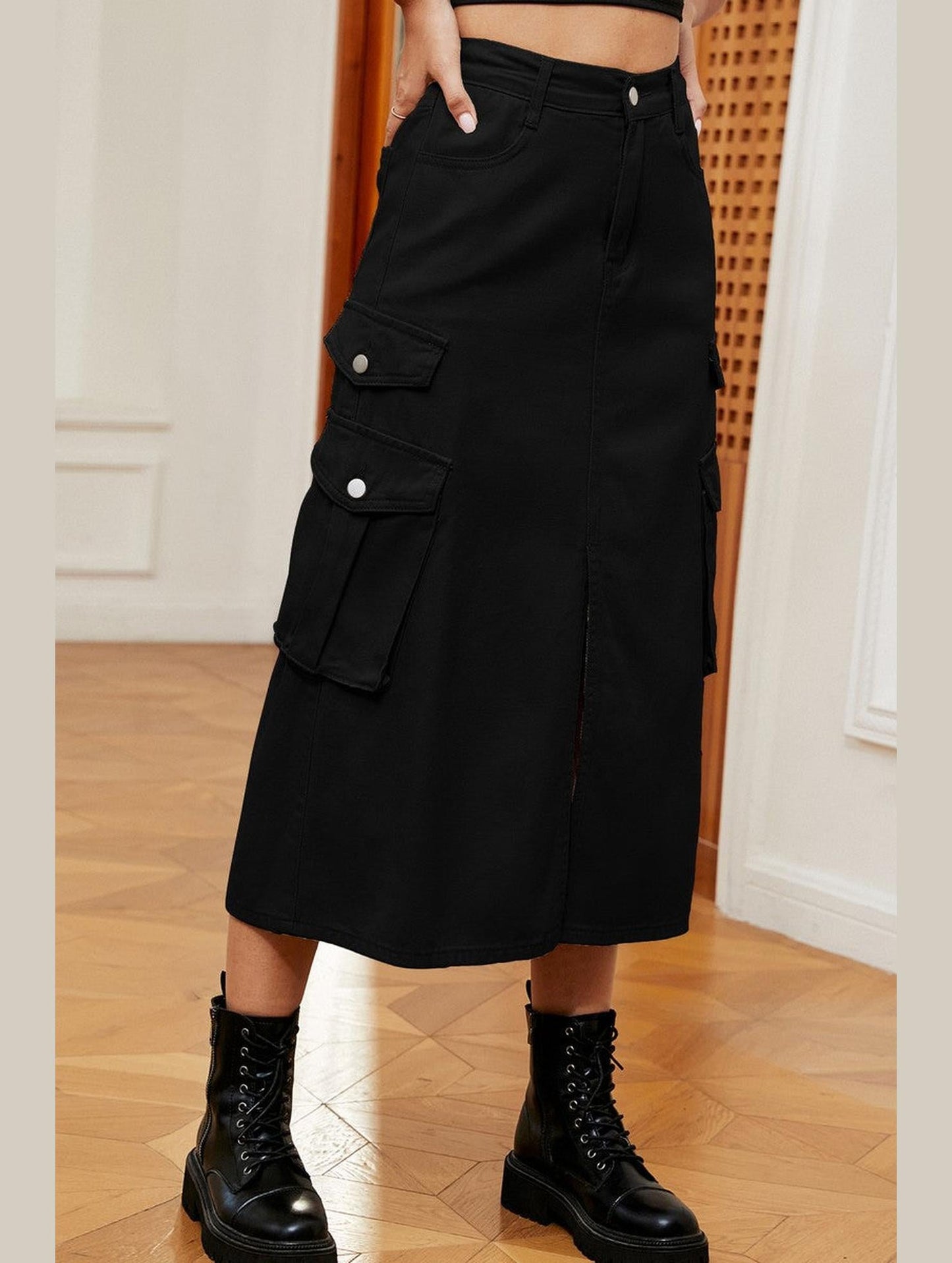 WOMEN FRONT SPLIT LONG LENGTH DENIM SKIRT