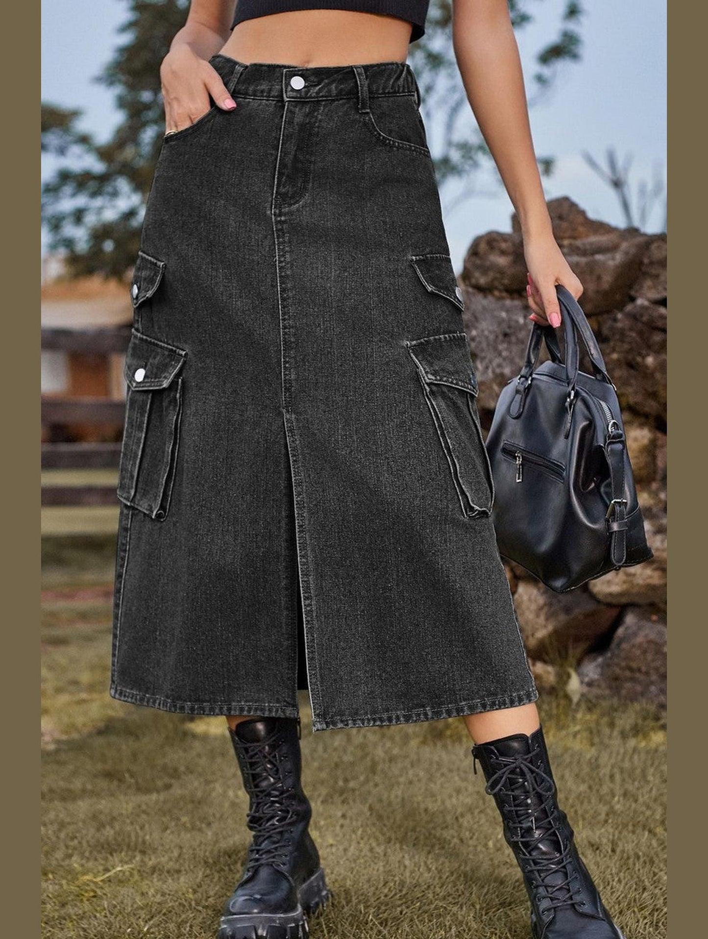 WOMEN FRONT SPLIT LONG LENGTH DENIM SKIRT