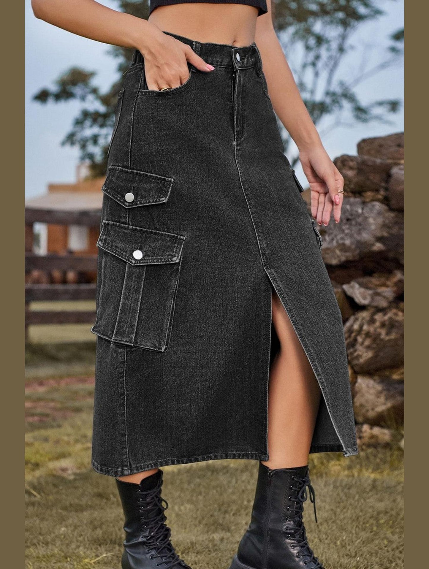 WOMEN FRONT SPLIT LONG LENGTH DENIM SKIRT