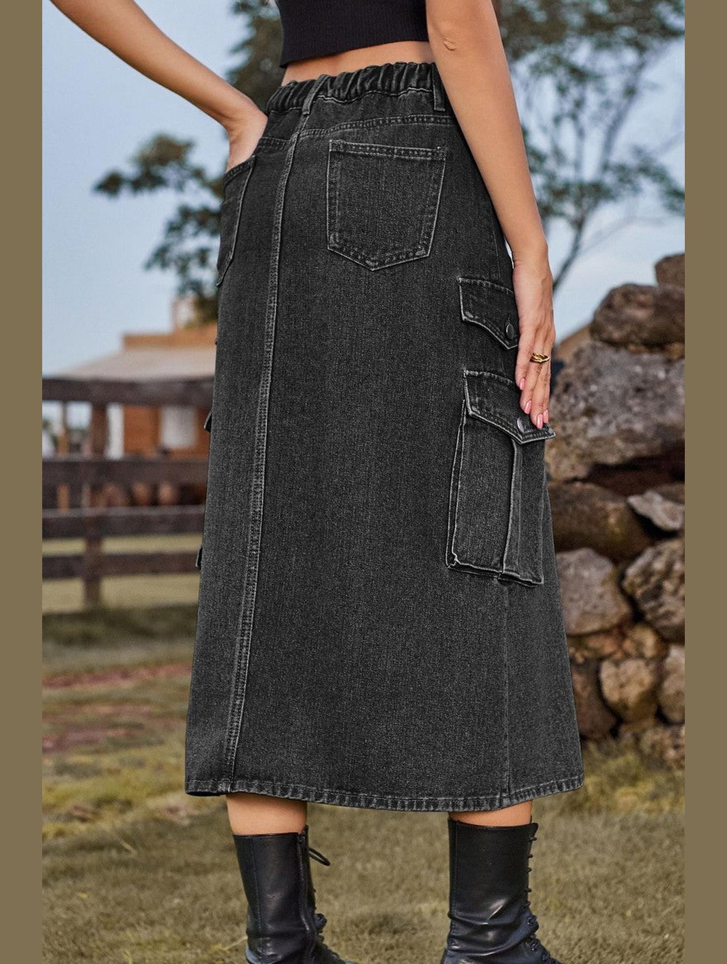WOMEN FRONT SPLIT LONG LENGTH DENIM SKIRT