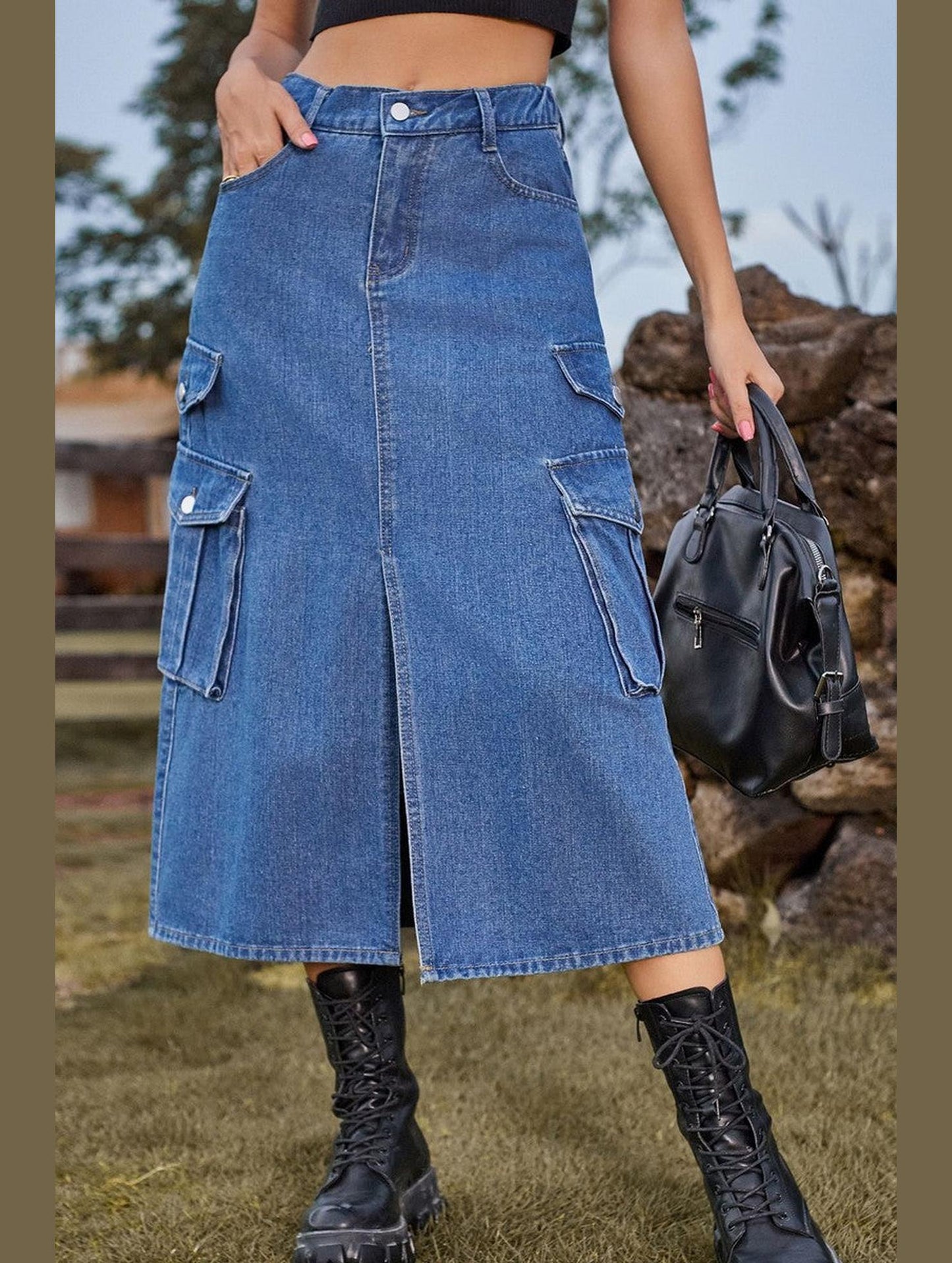 WOMEN FRONT SPLIT LONG LENGTH DENIM SKIRT
