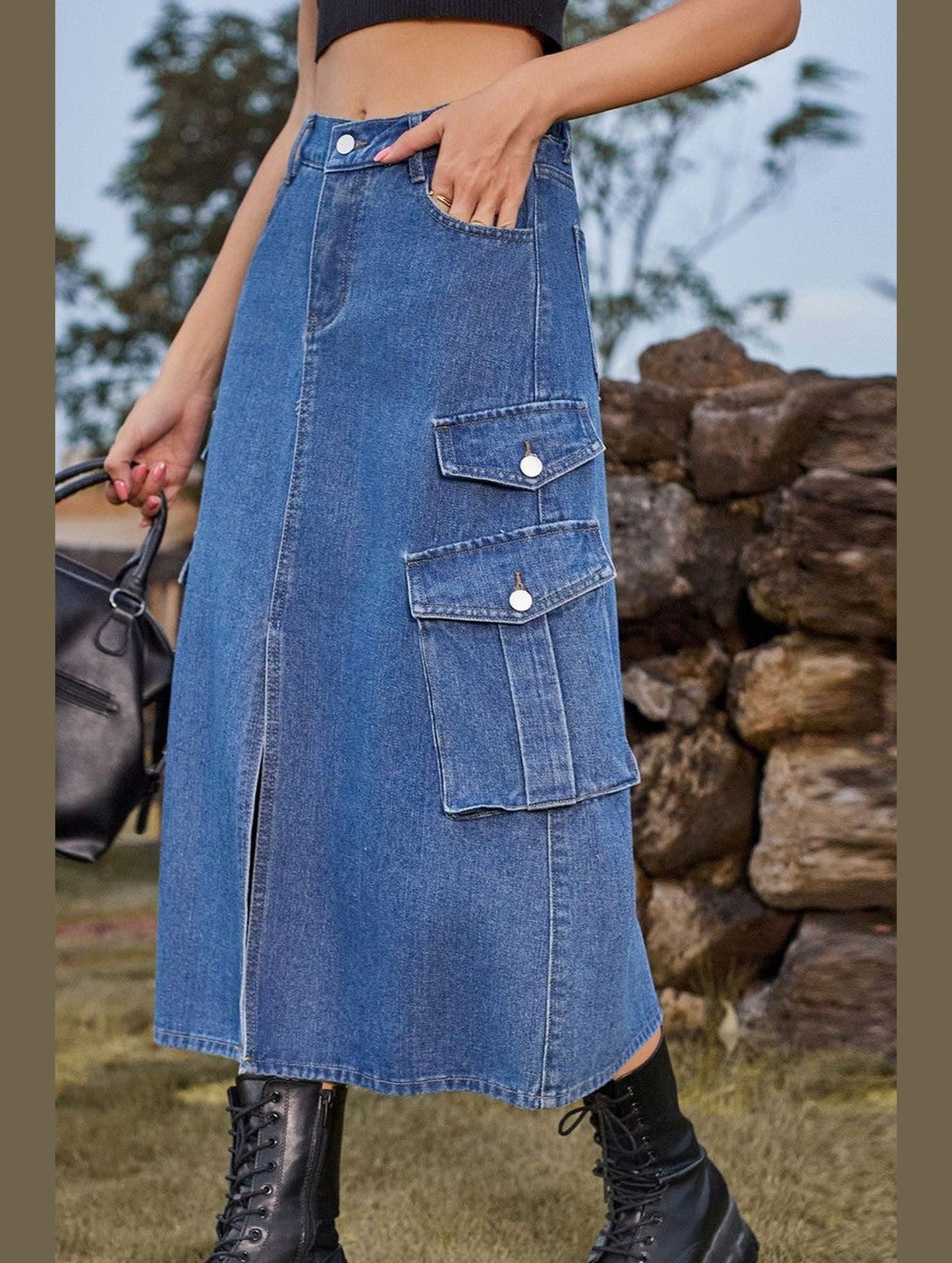 WOMEN FRONT SPLIT LONG LENGTH DENIM SKIRT