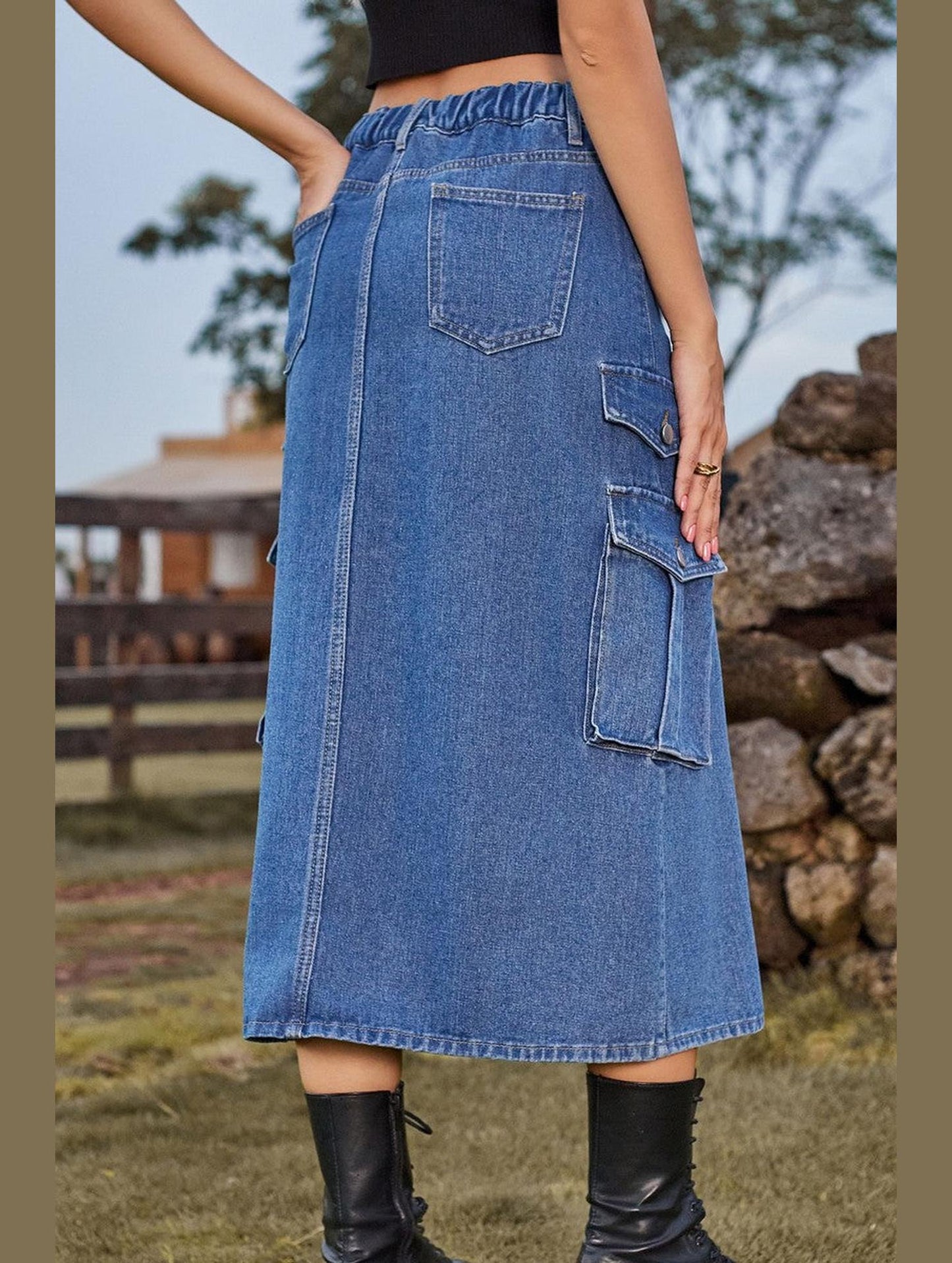 WOMEN FRONT SPLIT LONG LENGTH DENIM SKIRT