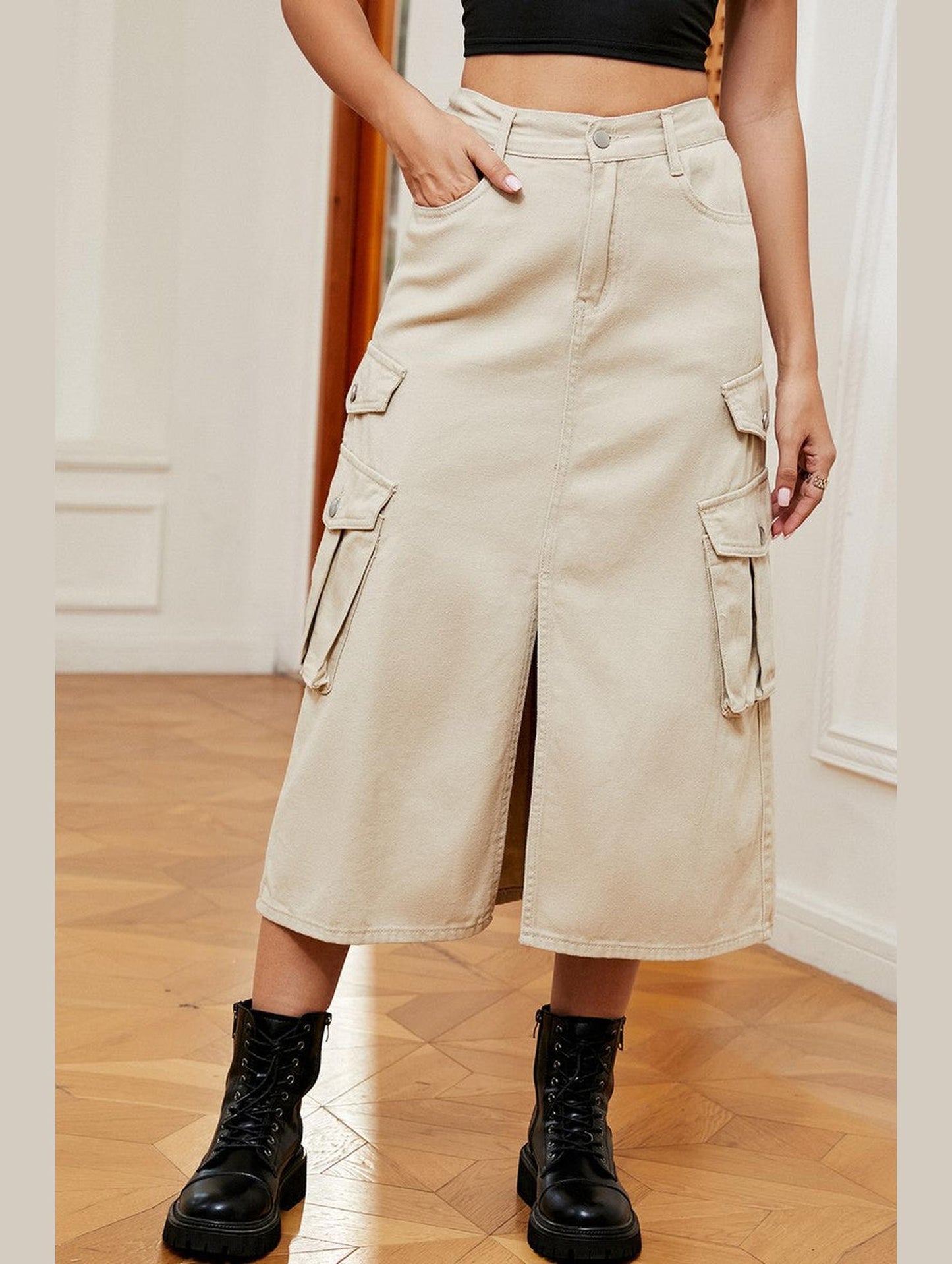 WOMEN FRONT SPLIT LONG LENGTH DENIM SKIRT