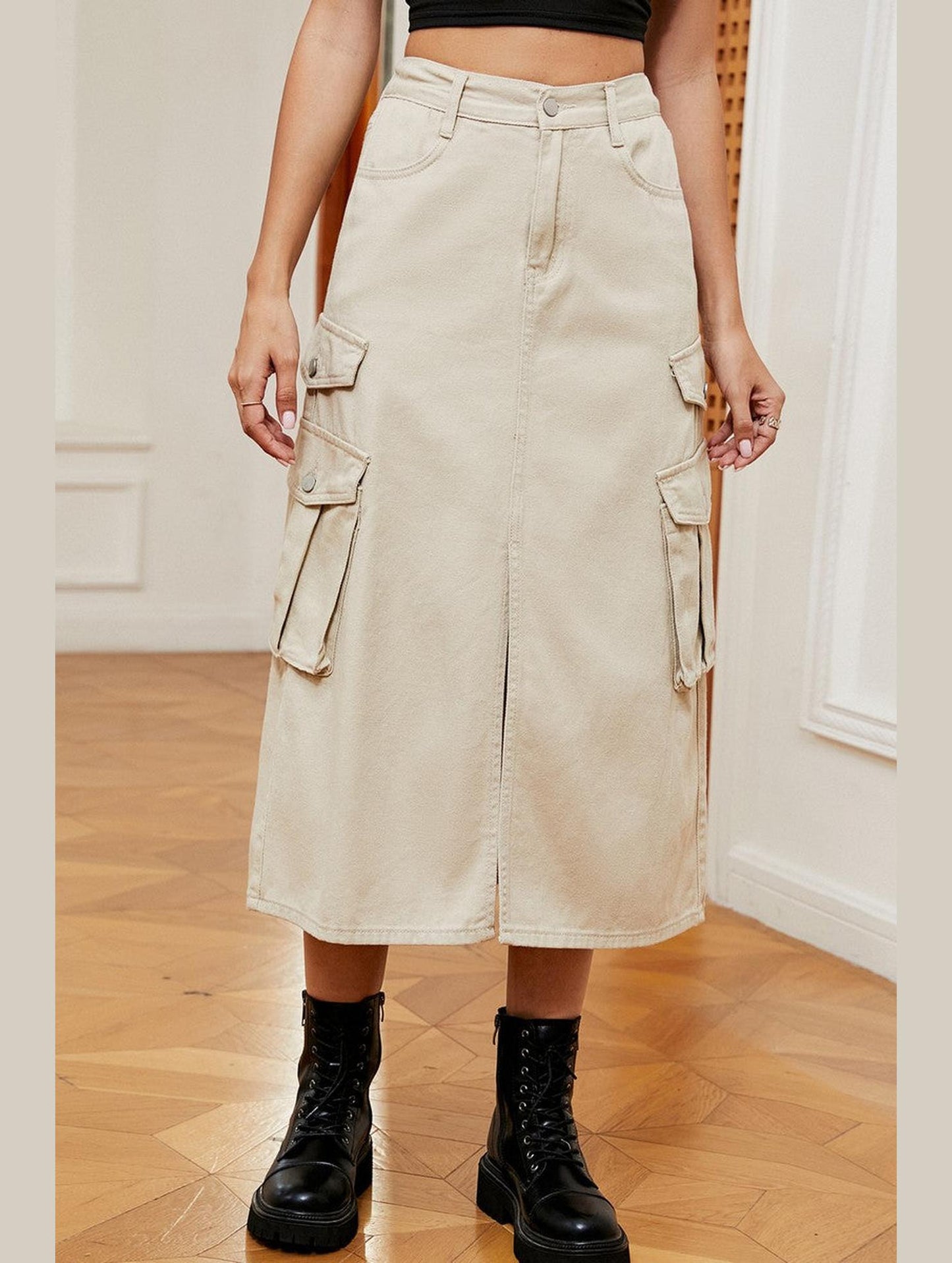 WOMEN FRONT SPLIT LONG LENGTH DENIM SKIRT