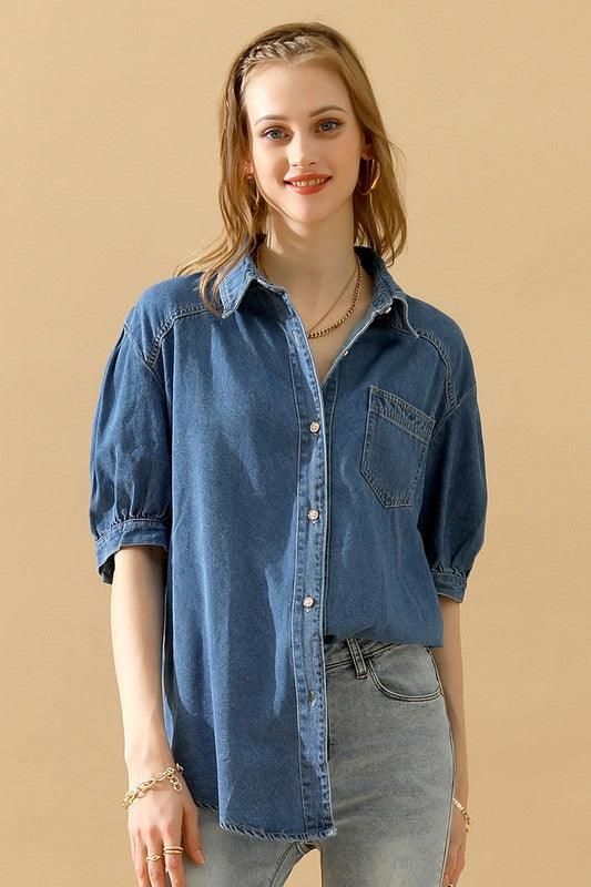 SHORT PUFF SLEEVE BUTTON DOWN DENIM SHIRTS - Doublju