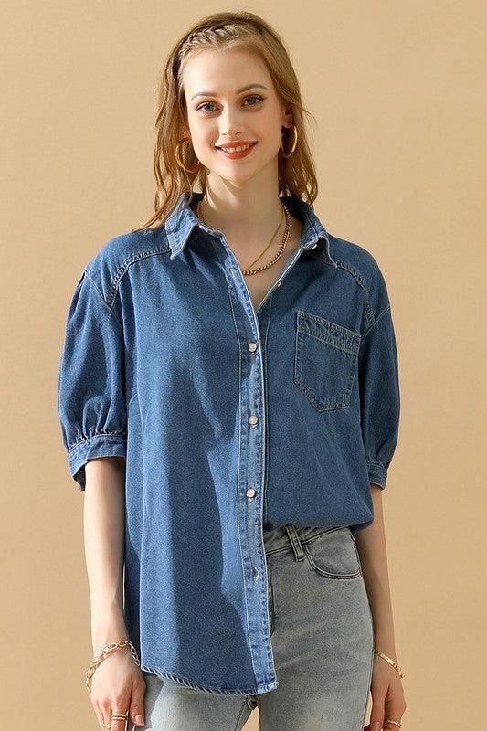 SHORT PUFF SLEEVE BUTTON DOWN DENIM SHIRTS - Doublju