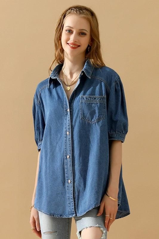 SHORT PUFF SLEEVE BUTTON DOWN DENIM SHIRTS - Doublju
