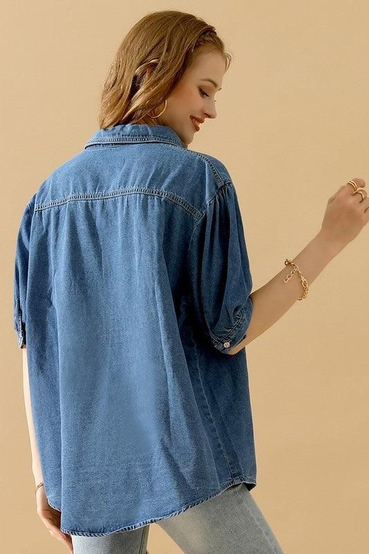 SHORT PUFF SLEEVE BUTTON DOWN DENIM SHIRTS - Doublju