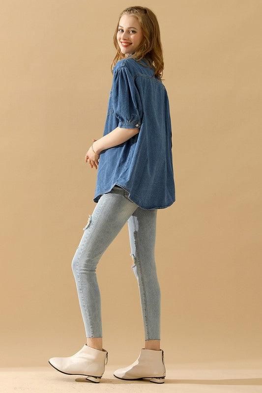 SHORT PUFF SLEEVE BUTTON DOWN DENIM SHIRTS - Doublju