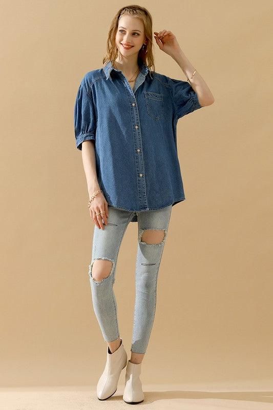 SHORT PUFF SLEEVE BUTTON DOWN DENIM SHIRTS - Doublju