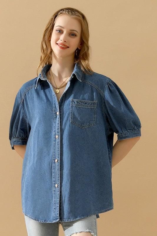 SHORT PUFF SLEEVE BUTTON DOWN DENIM SHIRTS - Doublju