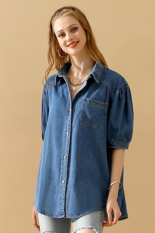 SHORT PUFF SLEEVE BUTTON DOWN DENIM SHIRTS - Doublju