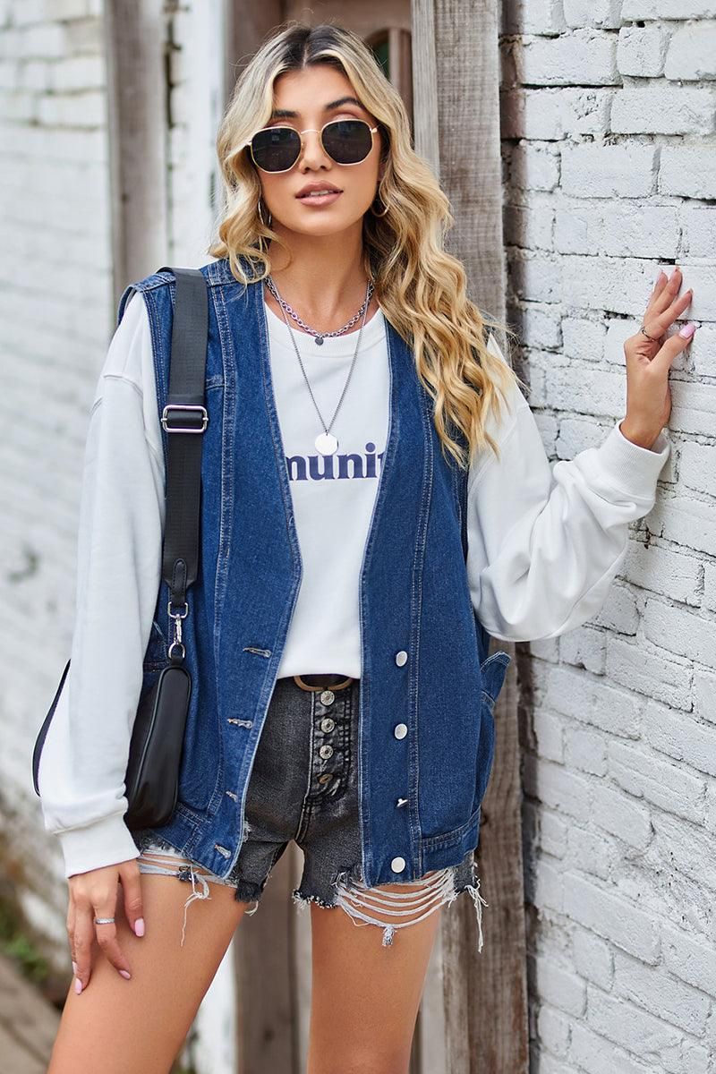 BUTTON CLOSURE LOOSE FIT DENIM VEST - Doublju