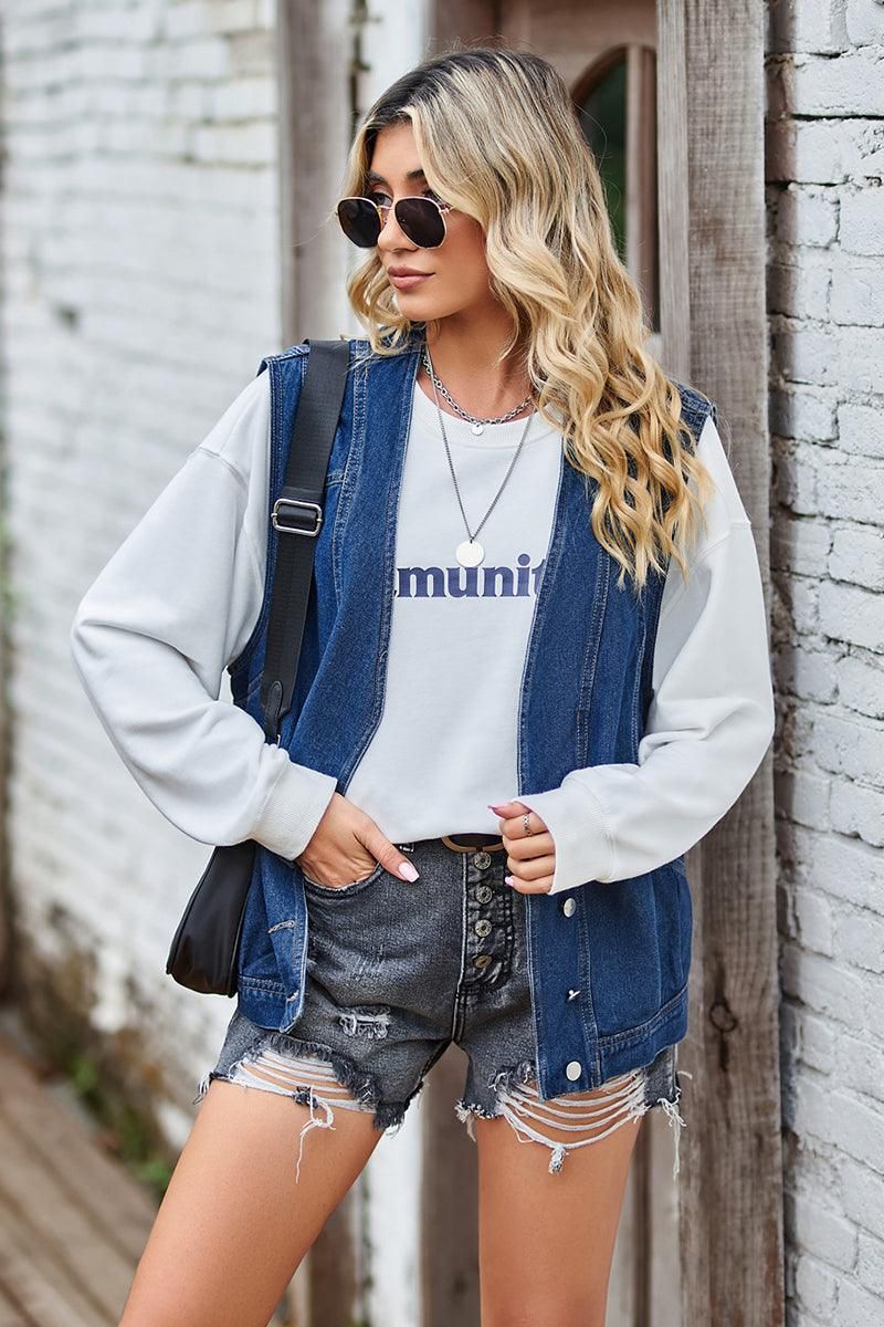 BUTTON CLOSURE LOOSE FIT DENIM VEST - Doublju