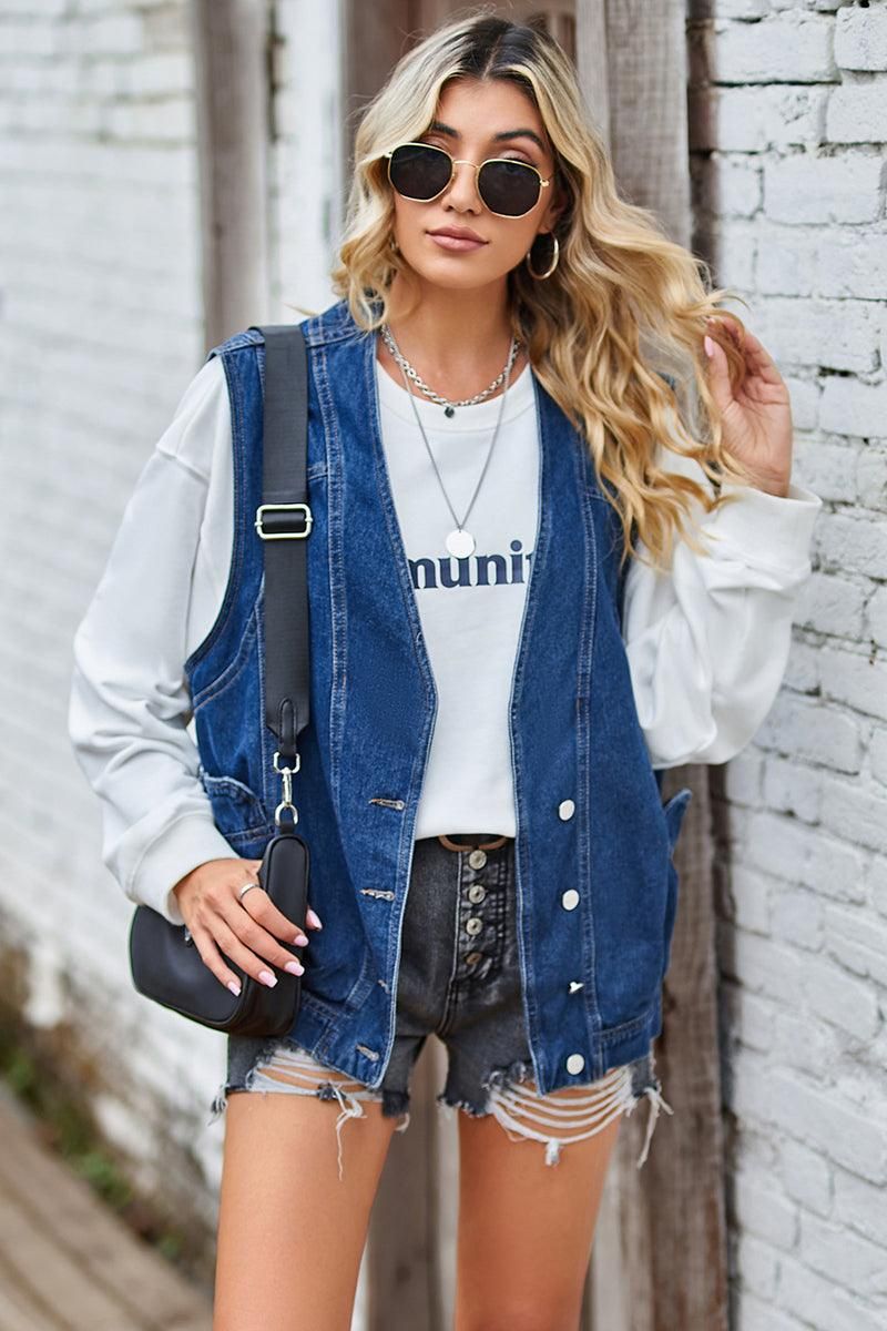 BUTTON CLOSURE LOOSE FIT DENIM VEST - Doublju