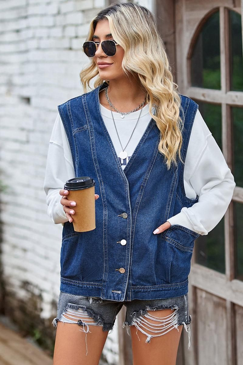 BUTTON CLOSURE LOOSE FIT DENIM VEST - Doublju