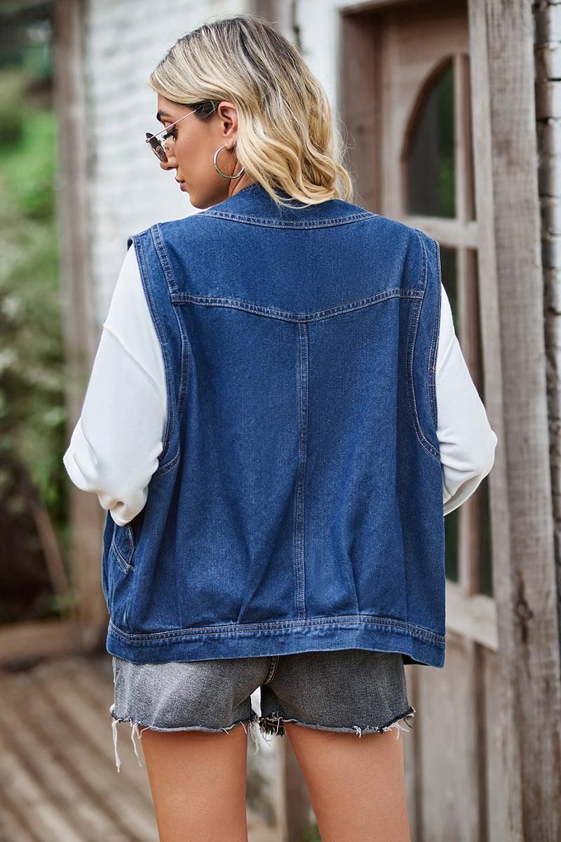 BUTTON CLOSURE LOOSE FIT DENIM VEST - Doublju