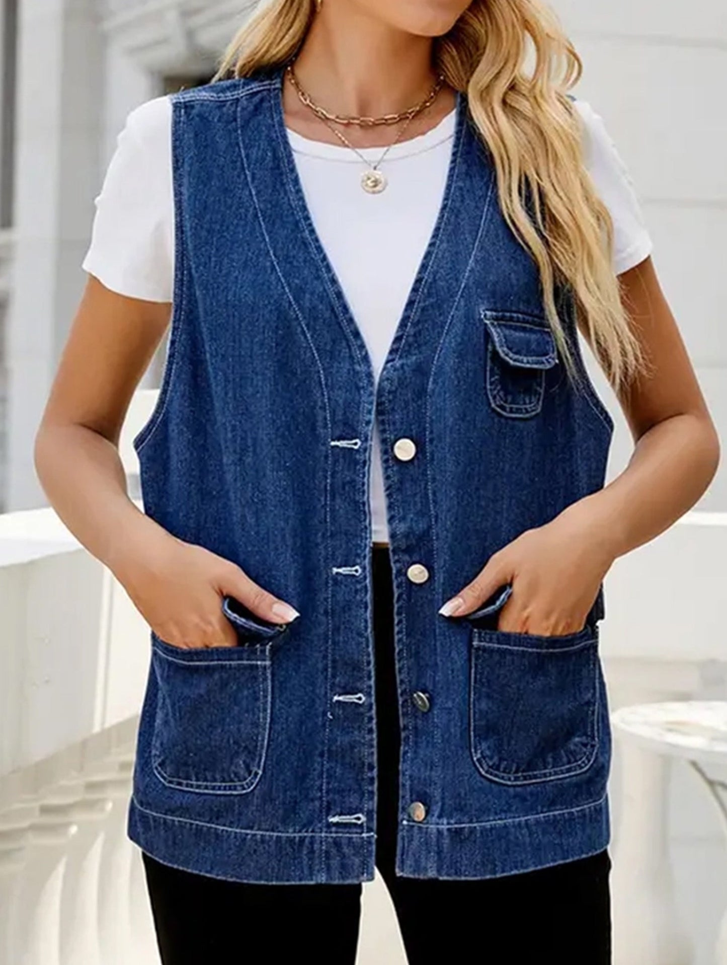 MULTI POCKET BUTTON CLOSURE DENIM VEST