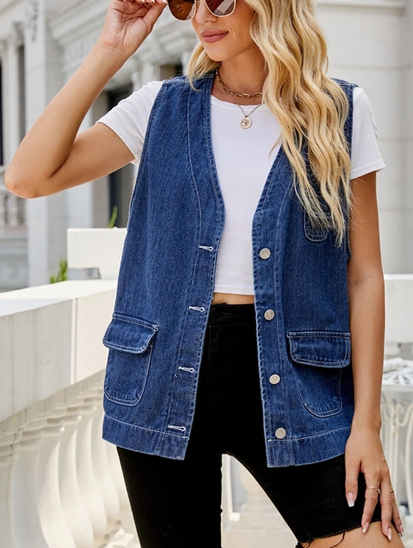 MULTI POCKET BUTTON CLOSURE DENIM VEST