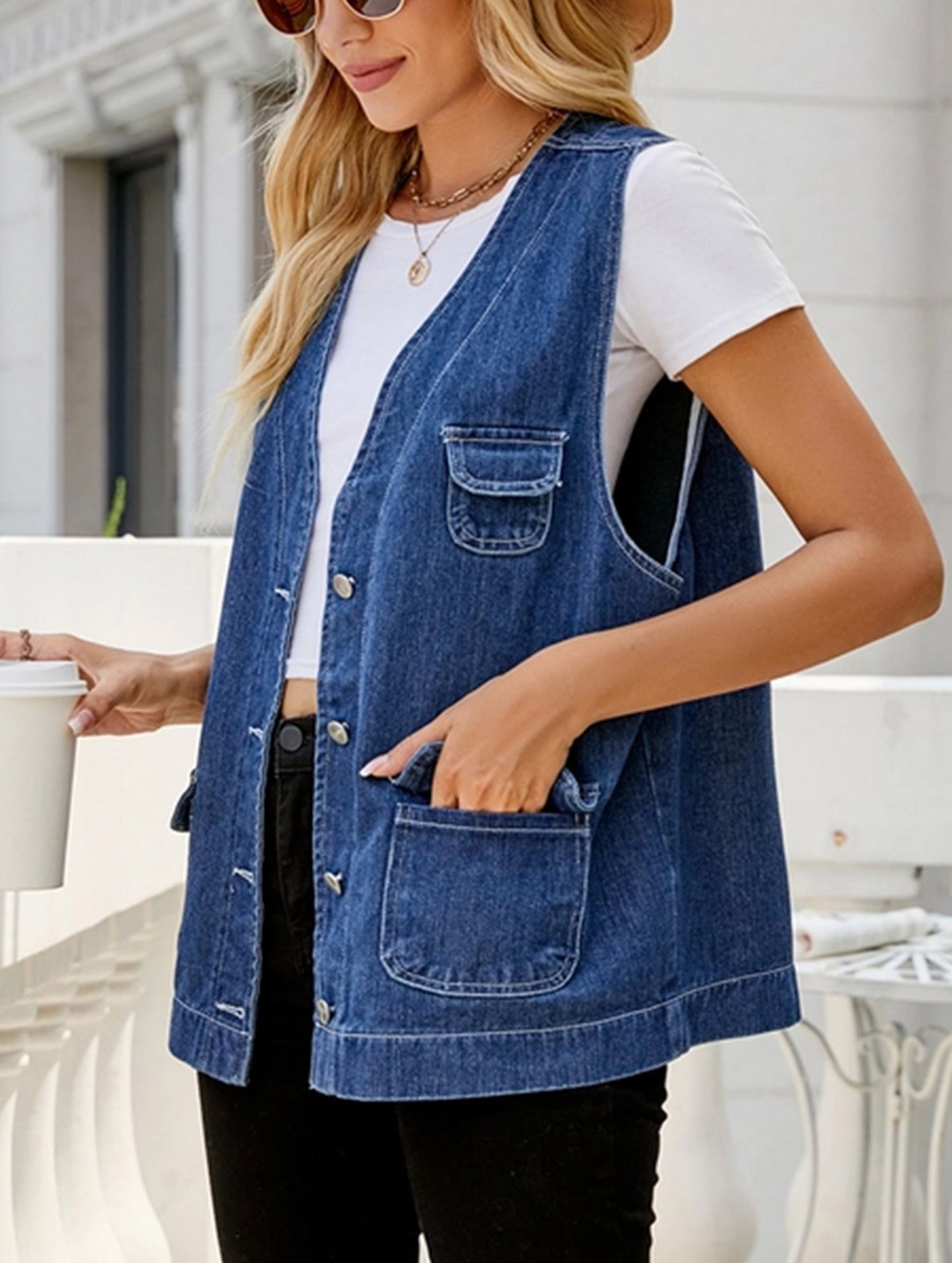MULTI POCKET BUTTON CLOSURE DENIM VEST