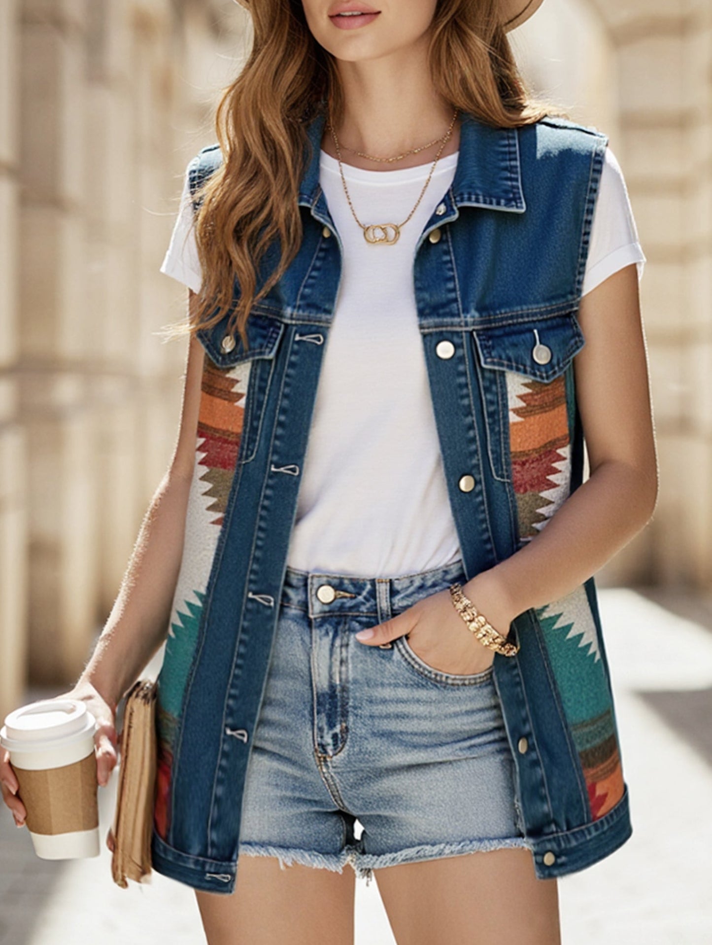 PATTERN BLOCK BUTTON DOWN CASUAL DENIM VEST