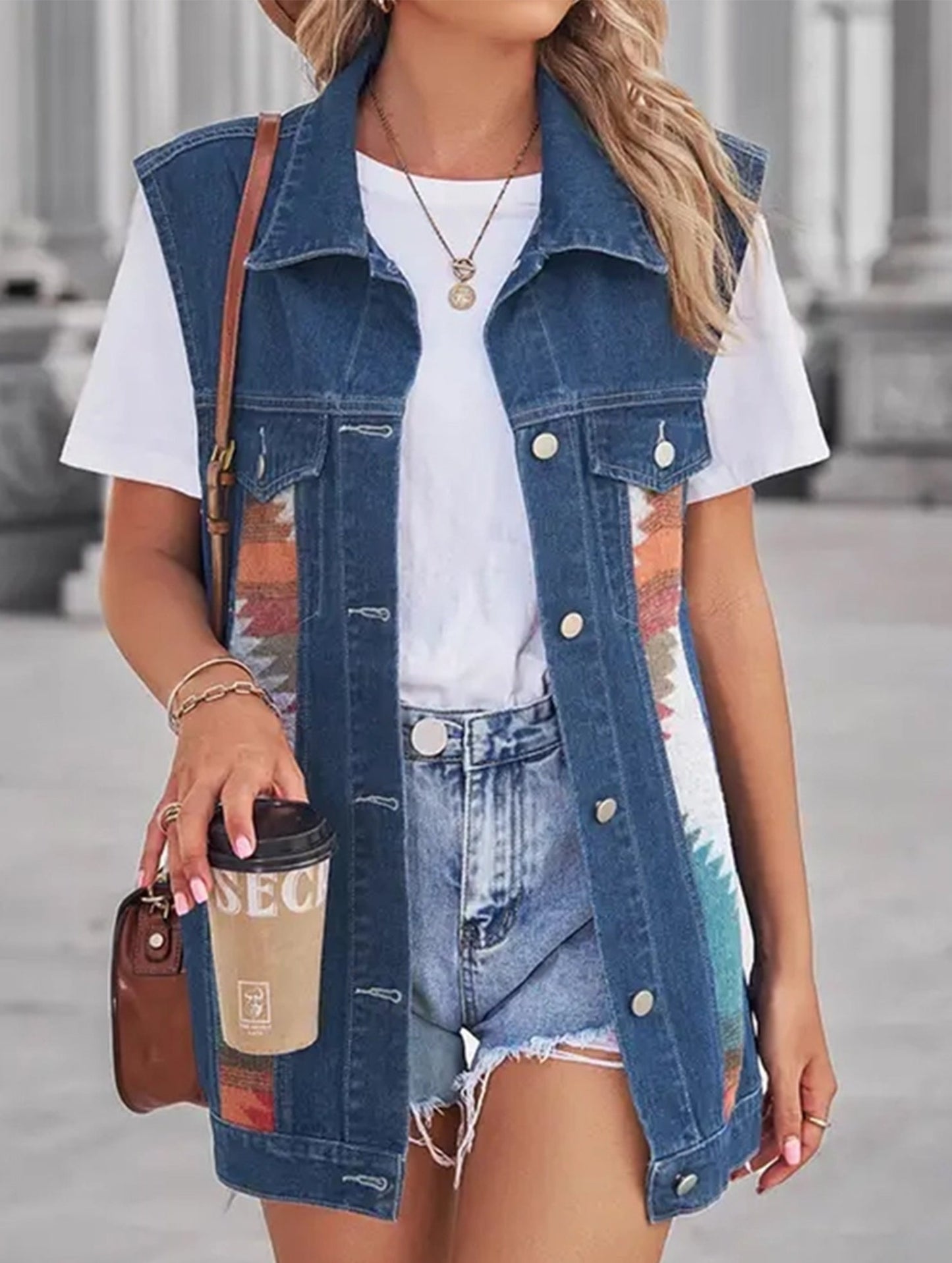PATTERN BLOCK BUTTON DOWN CASUAL DENIM VEST