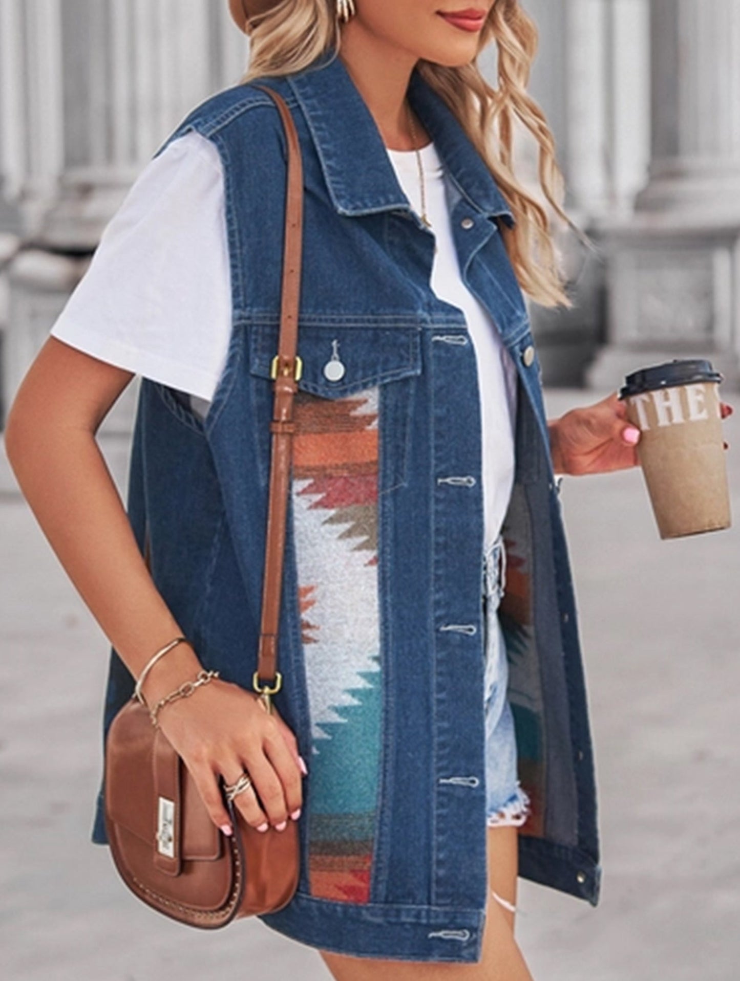 PATTERN BLOCK BUTTON DOWN CASUAL DENIM VEST