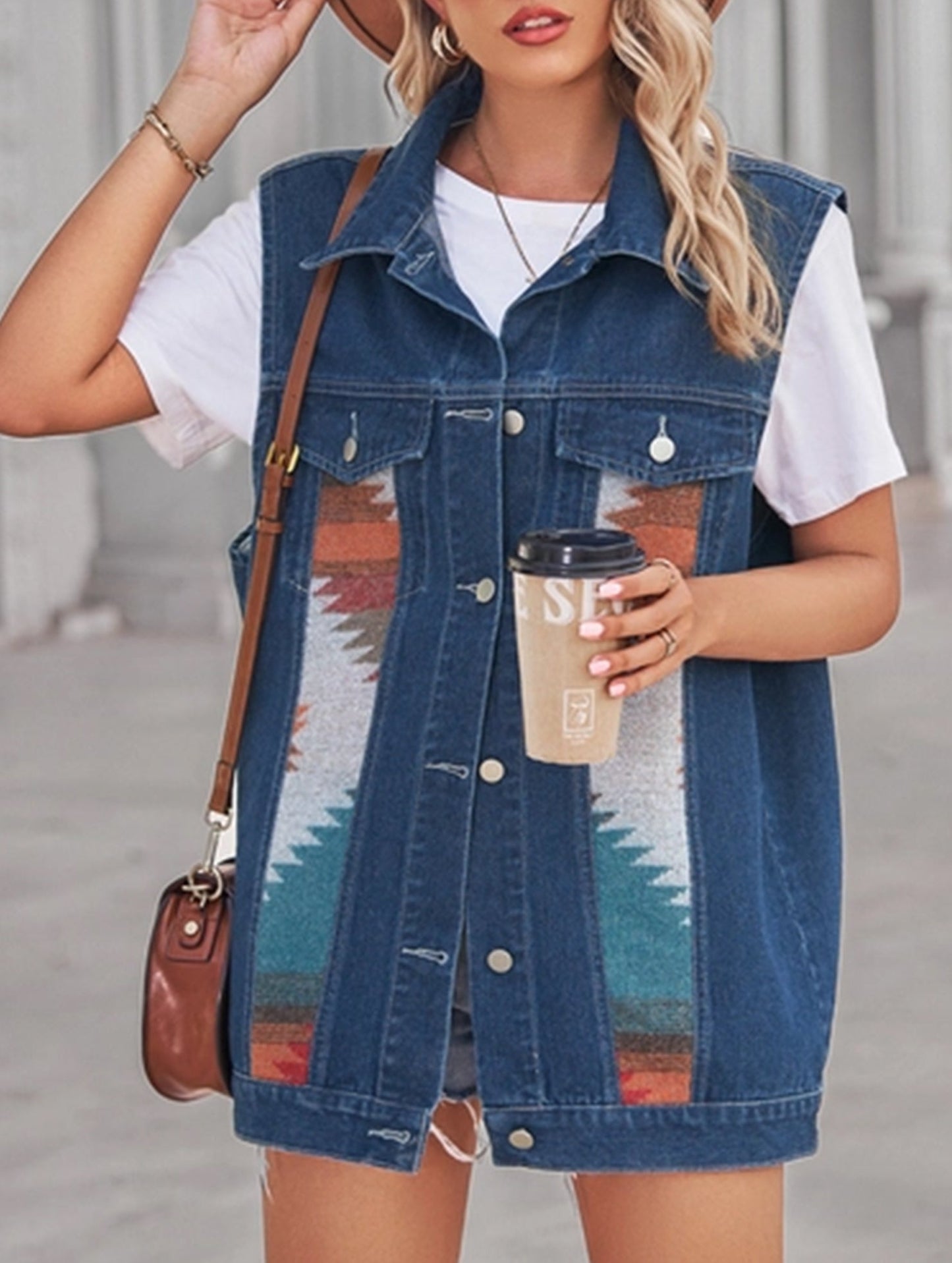 PATTERN BLOCK BUTTON DOWN CASUAL DENIM VEST