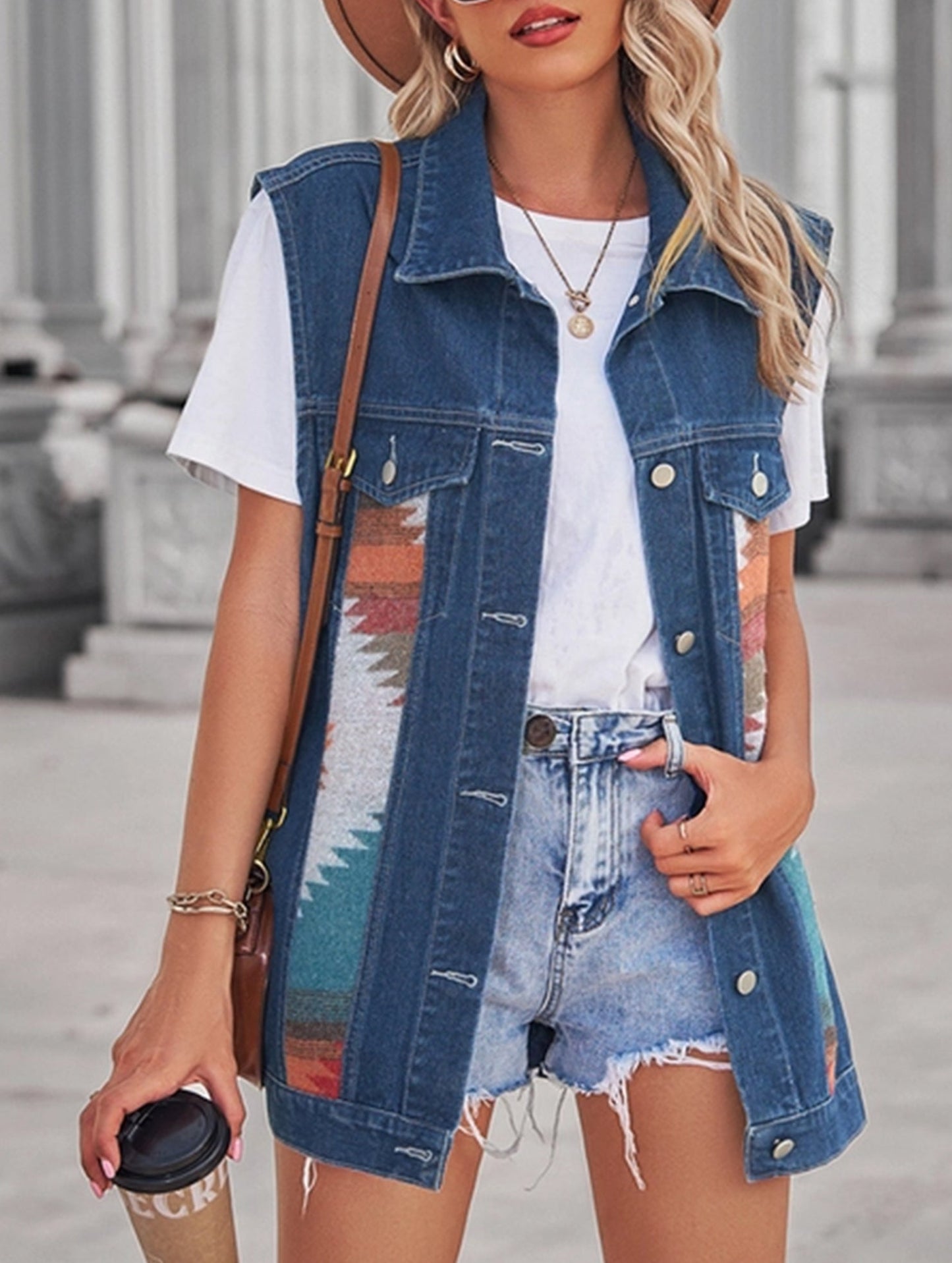 PATTERN BLOCK BUTTON DOWN CASUAL DENIM VEST
