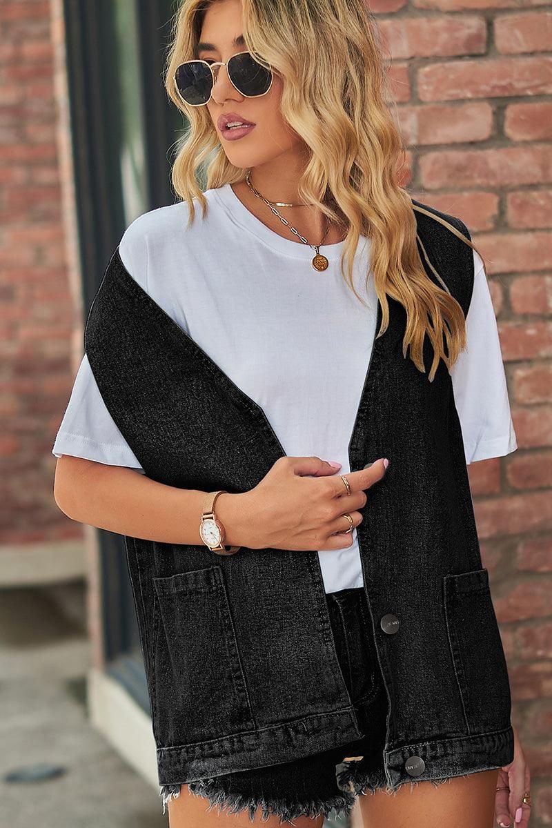 V NECK FADED DENIM BUTTON UP POCKET VEST - Doublju