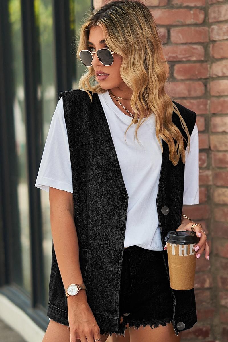 V NECK FADED DENIM BUTTON UP POCKET VEST - Doublju