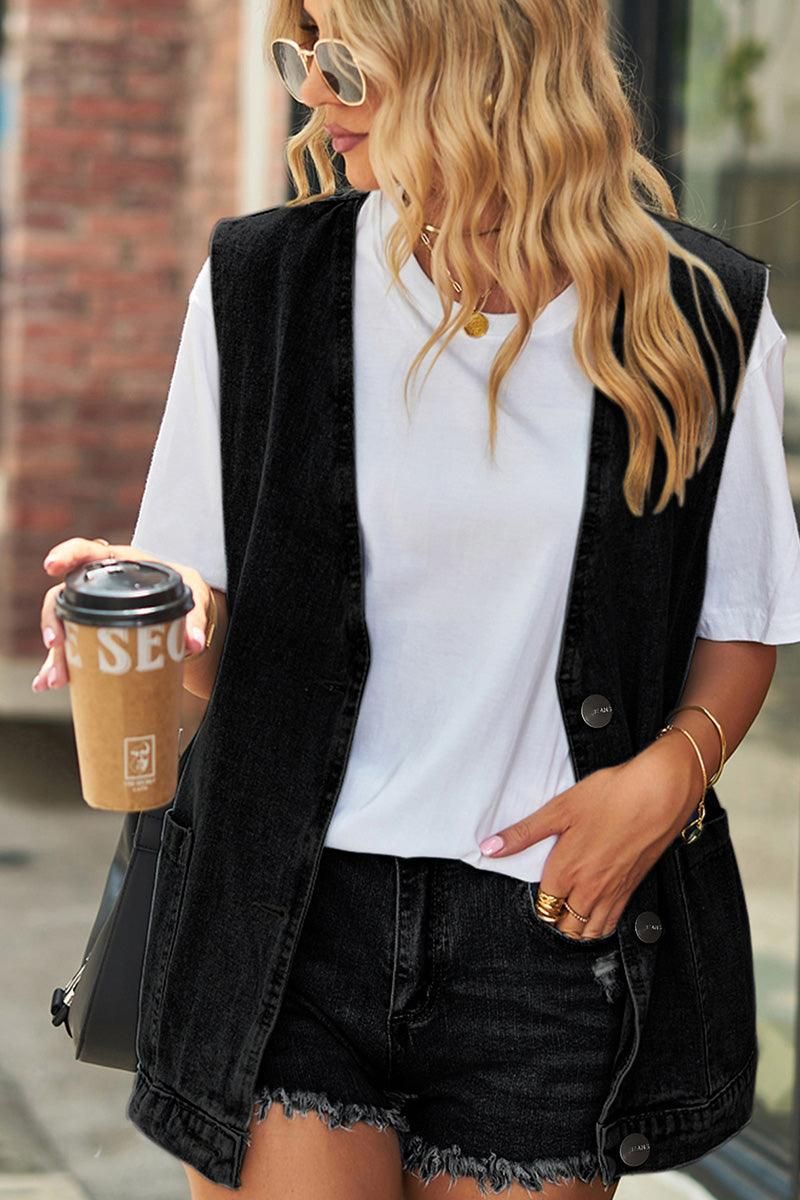 V NECK FADED DENIM BUTTON UP POCKET VEST - Doublju