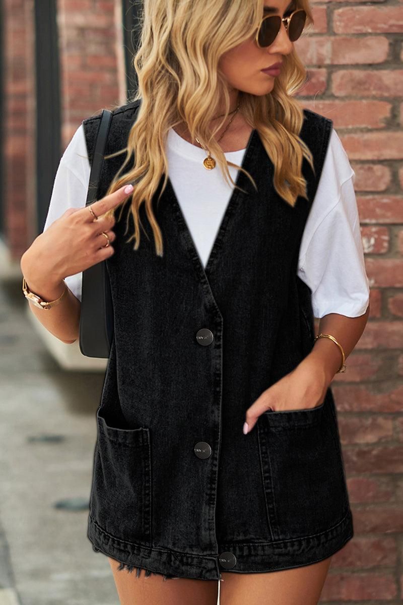 V NECK FADED DENIM BUTTON UP POCKET VEST - Doublju