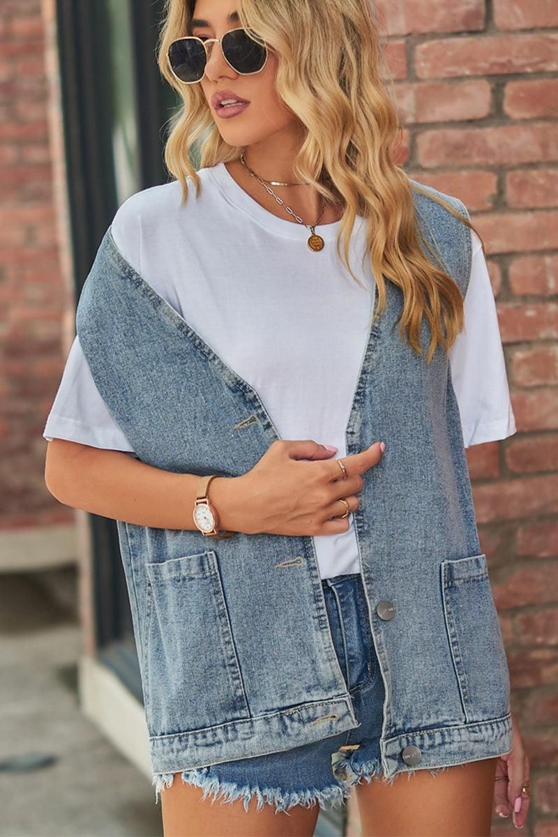 V NECK FADED DENIM BUTTON UP POCKET VEST - Doublju