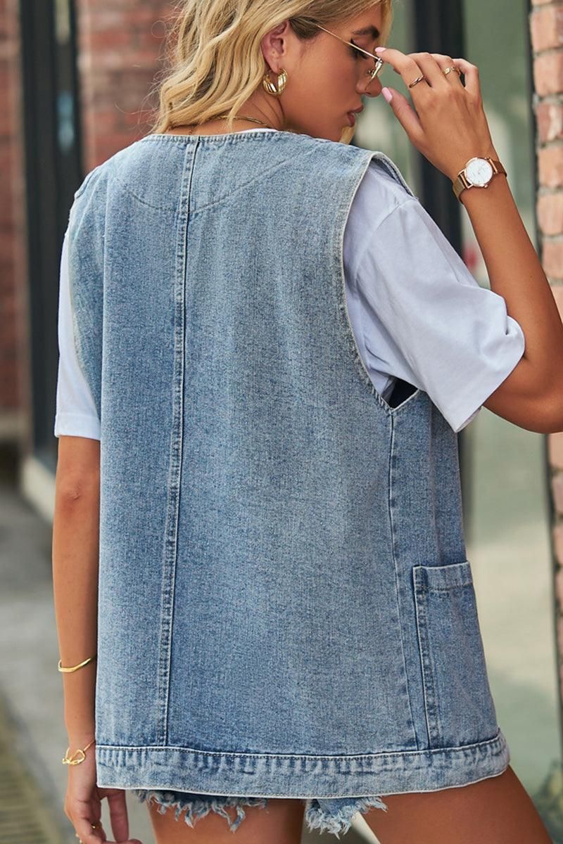 V NECK FADED DENIM BUTTON UP POCKET VEST - Doublju