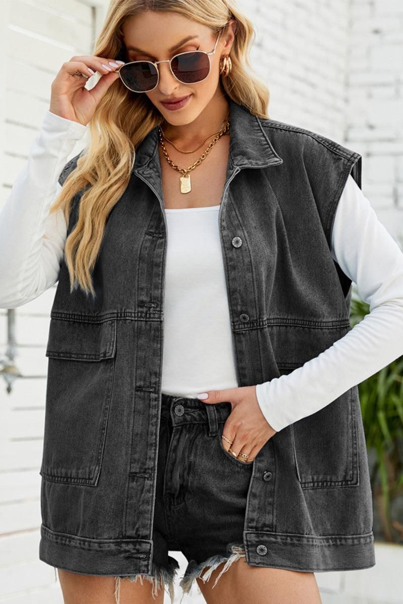 FADED DENIM BUTTON UP FLAT POCKET COLLAR VEST - Doublju