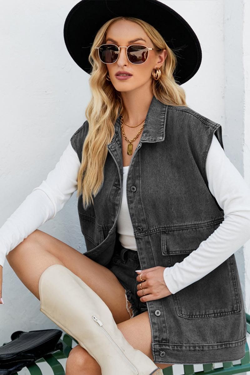 FADED DENIM BUTTON UP FLAT POCKET COLLAR VEST - Doublju