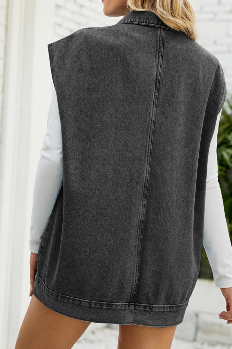 FADED DENIM BUTTON UP FLAT POCKET COLLAR VEST - Doublju