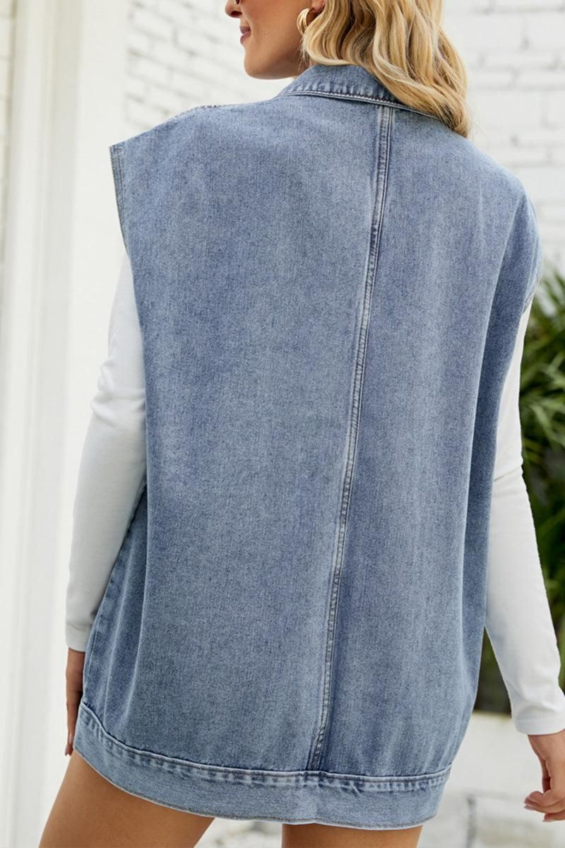 FADED DENIM BUTTON UP FLAT POCKET COLLAR VEST - Doublju