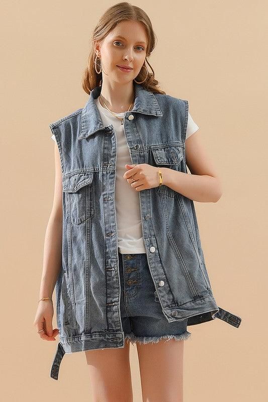 VINTAGE BUTTON UP POCKET COLLAR DENIM VEST - Doublju