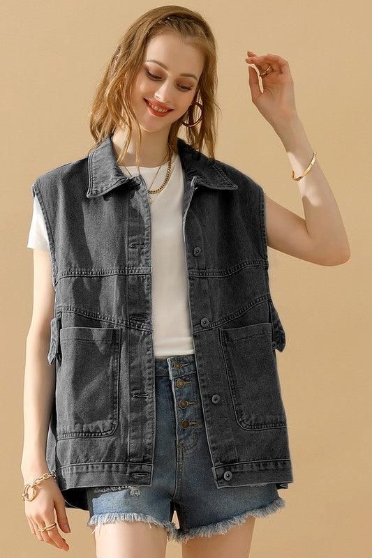 VINTAGE BUCKELE POCKET COLLAR DENIM VEST - Doublju