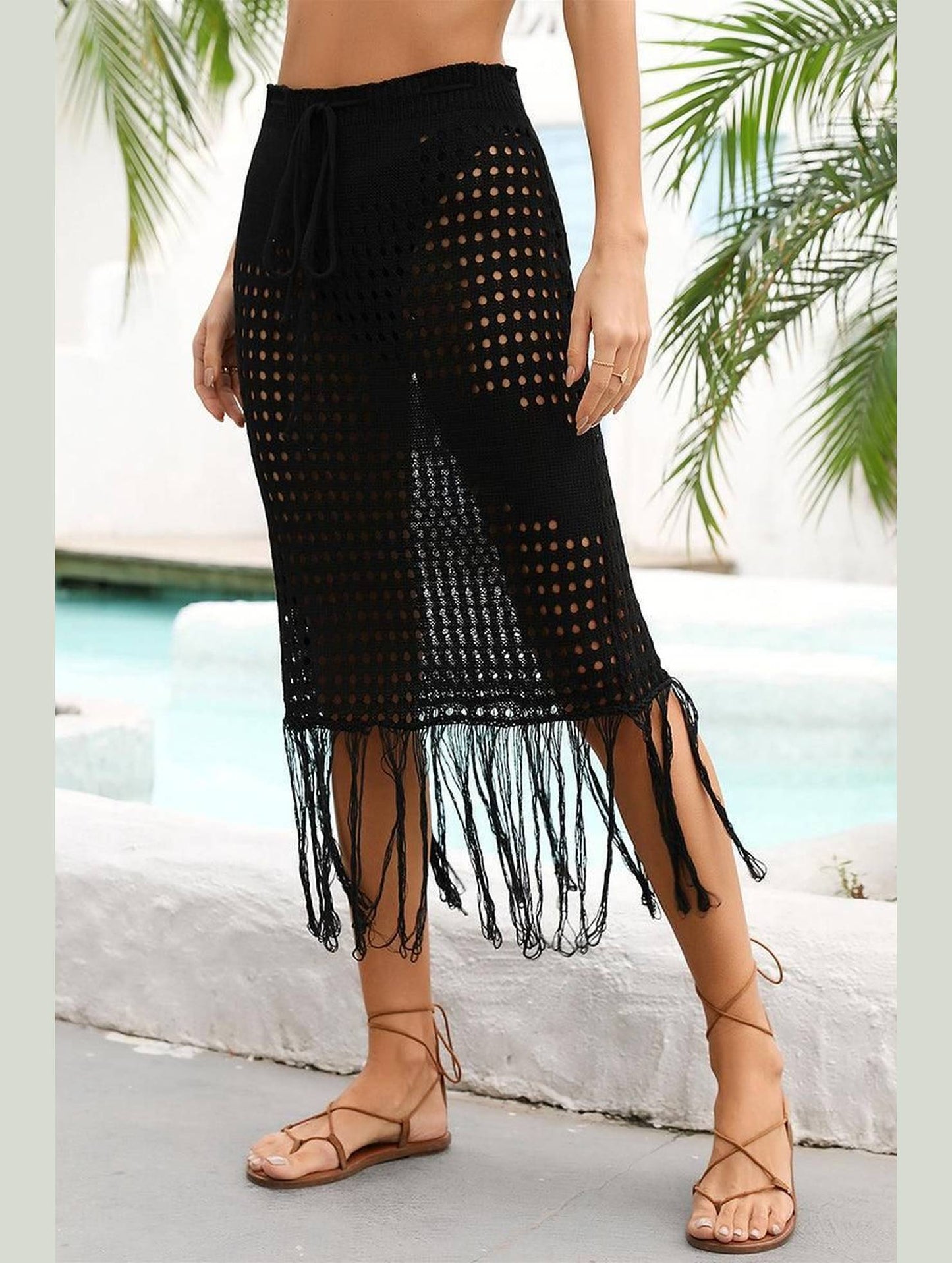 HOLLOW KNIT DRAWSTRING WAIST COVER UP SKIRT - Doublju