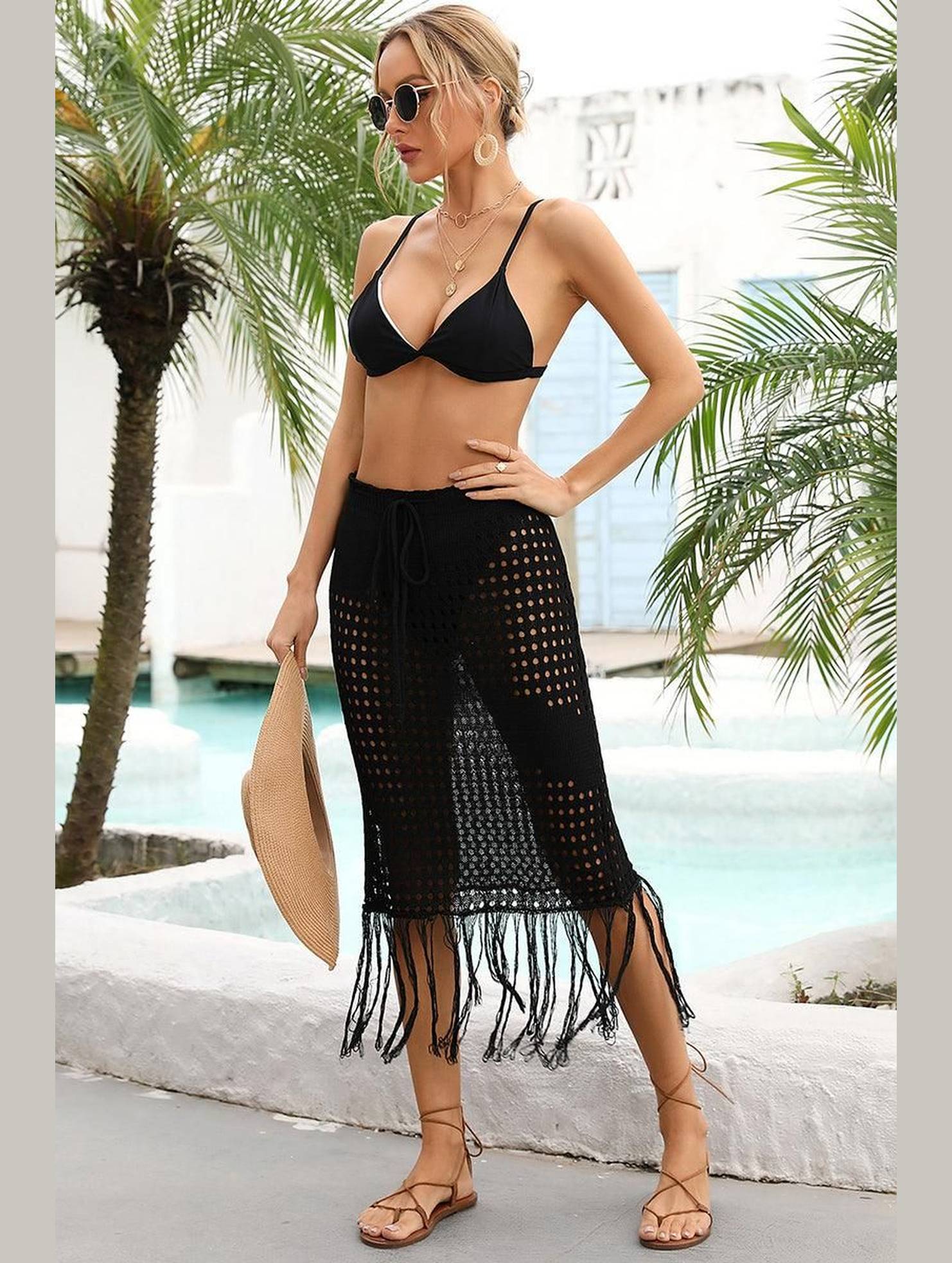 HOLLOW KNIT DRAWSTRING WAIST COVER UP SKIRT - Doublju