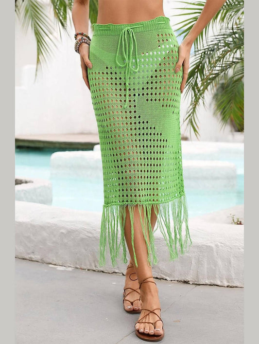 HOLLOW KNIT DRAWSTRING WAIST COVER UP SKIRT - Doublju