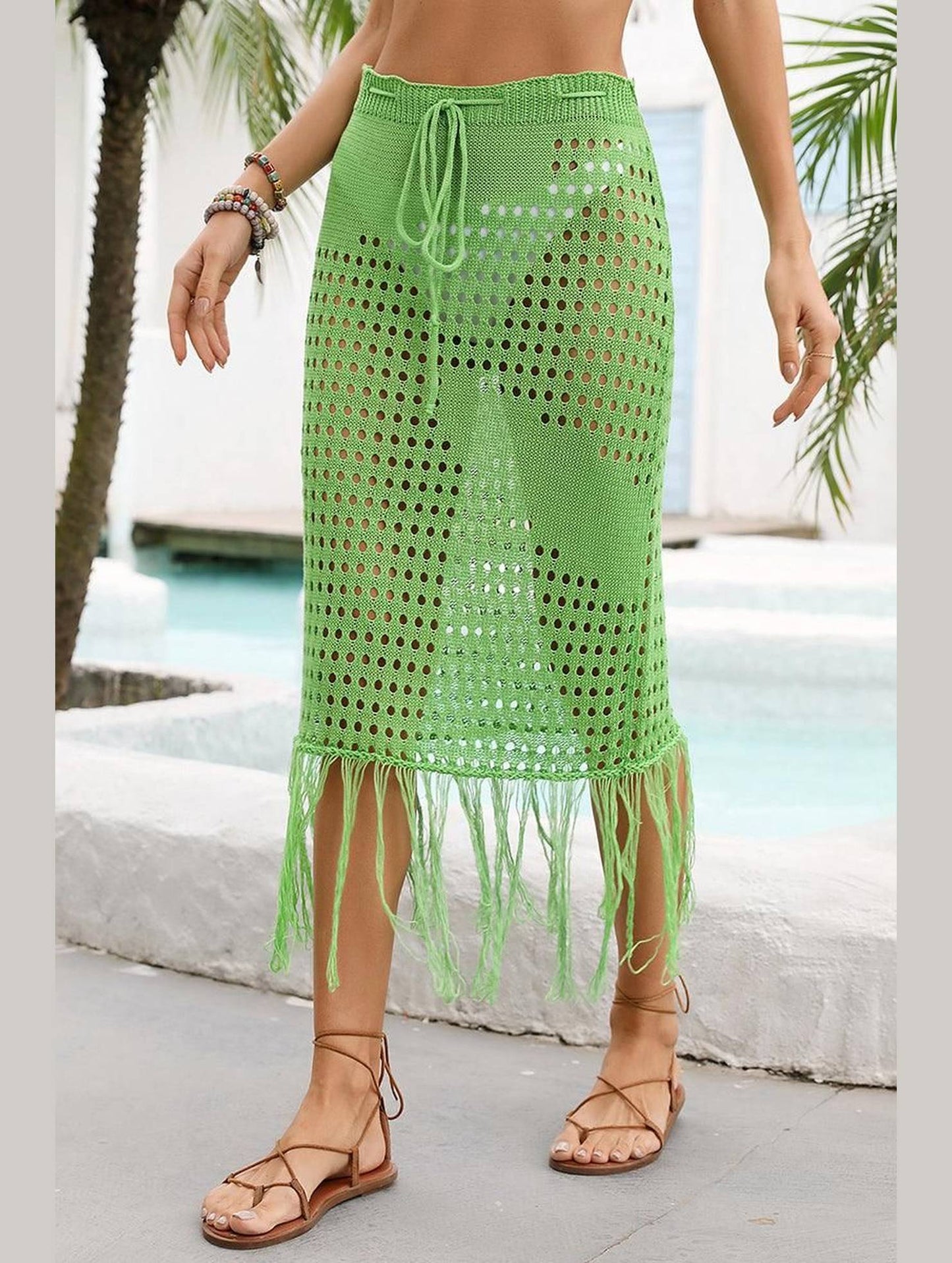 HOLLOW KNIT DRAWSTRING WAIST COVER UP SKIRT - Doublju