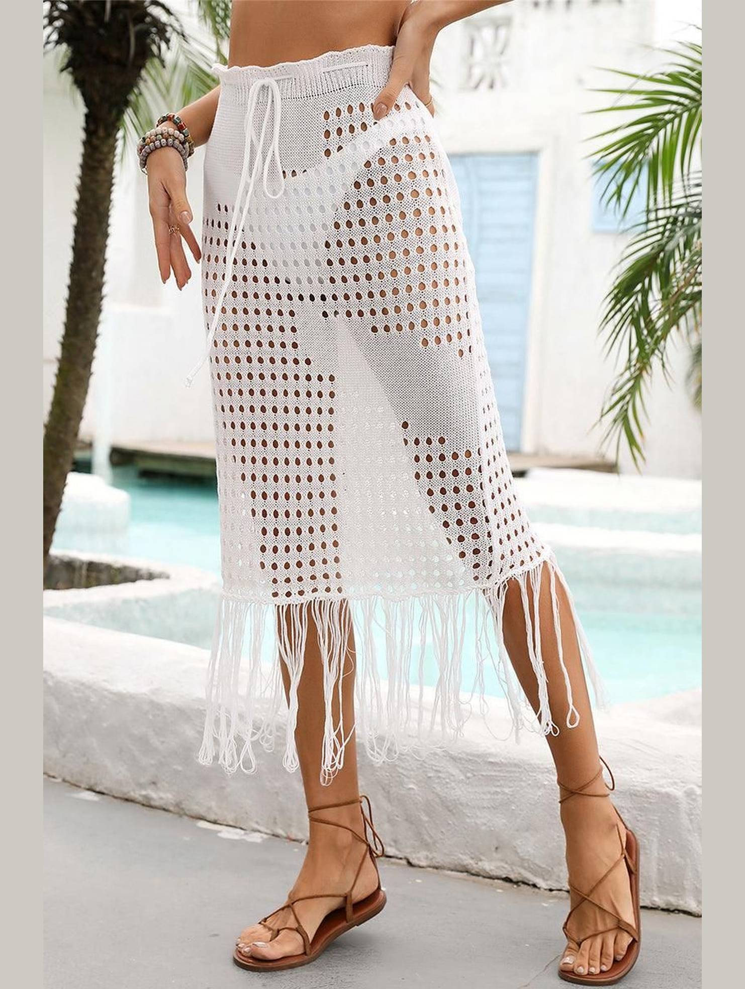 HOLLOW KNIT DRAWSTRING WAIST COVER UP SKIRT - Doublju